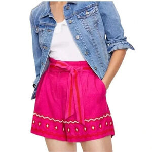 LOFT High Waist PaperBag Belted Embroidered Boho Aztec Linen Blend Shorts Size L